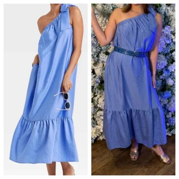 [A New Day] Blue One Shoulder Ruffle Hem Maxi Dress Pockets NWT Size Small S - Picture 1 of 12